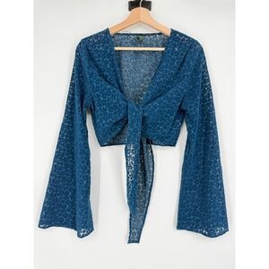 Wild Fable Teal Blue Tie Front Crop Blouse Top Floral Velvet‎ Bell Sleeves Sz M